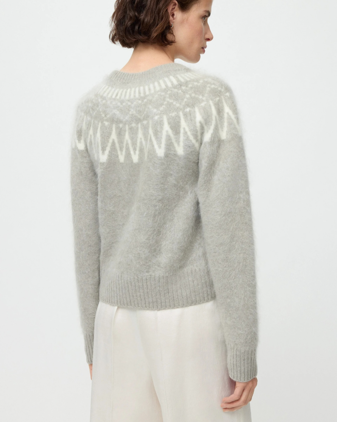 Brushed Fair Isle Crewneck in Greige by Soft Goat