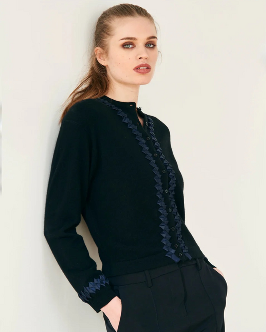 Cashmere Wool Twisted Ribbon Cardigan in Black & Navy by Jumper 1234