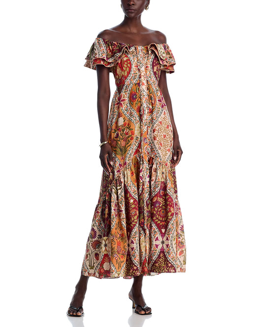 Romantic Nature Off Shoulder Ruffle Midi Dress by Farm Rio