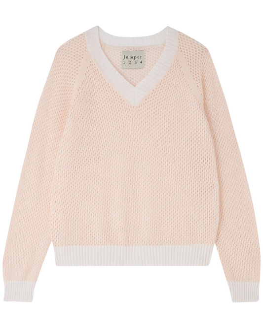 Cashmere Holey Contrast V Neck Sweat in Cream by Jumper 1234