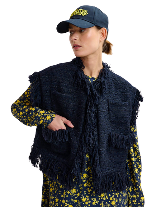 Ishani Fringed Gilet in Navy Blue by Essentiel Antwerp