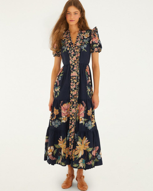 Maira Floral Short Sleeve Maxi Dress in Dark Blue by FARM Rio