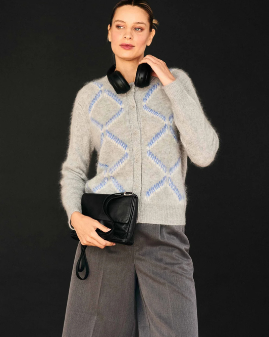 Brushed Cashmere Graphic Argyle Cardigan in Mid Grey by Jumper 1234