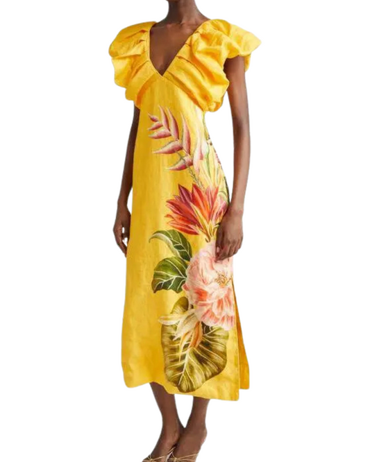 Spring Awakening Placed Floral Linen Dress by FARM Rio