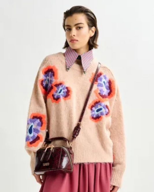 Impossible Embroidered Flowers Knit Sweater in Fudge by Essentiel Antwerp