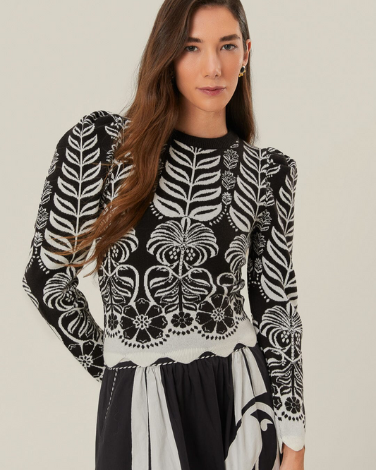 Black Ainika Tropical Splendor Puff Sleeve Knit Blouse by FARM Rio