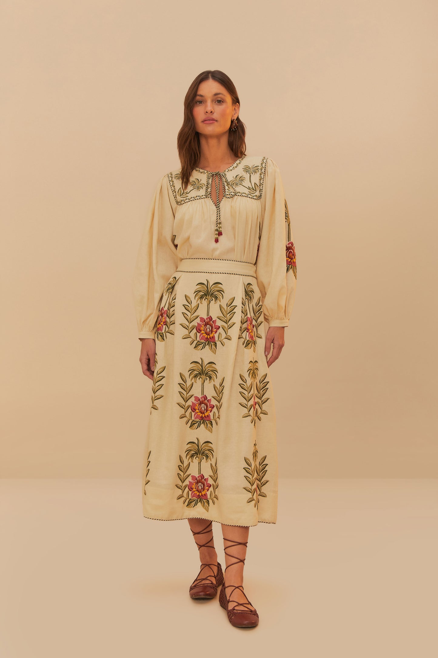 Tropical Flower Embroidered Sand Maxi Skirt by FARM Rio