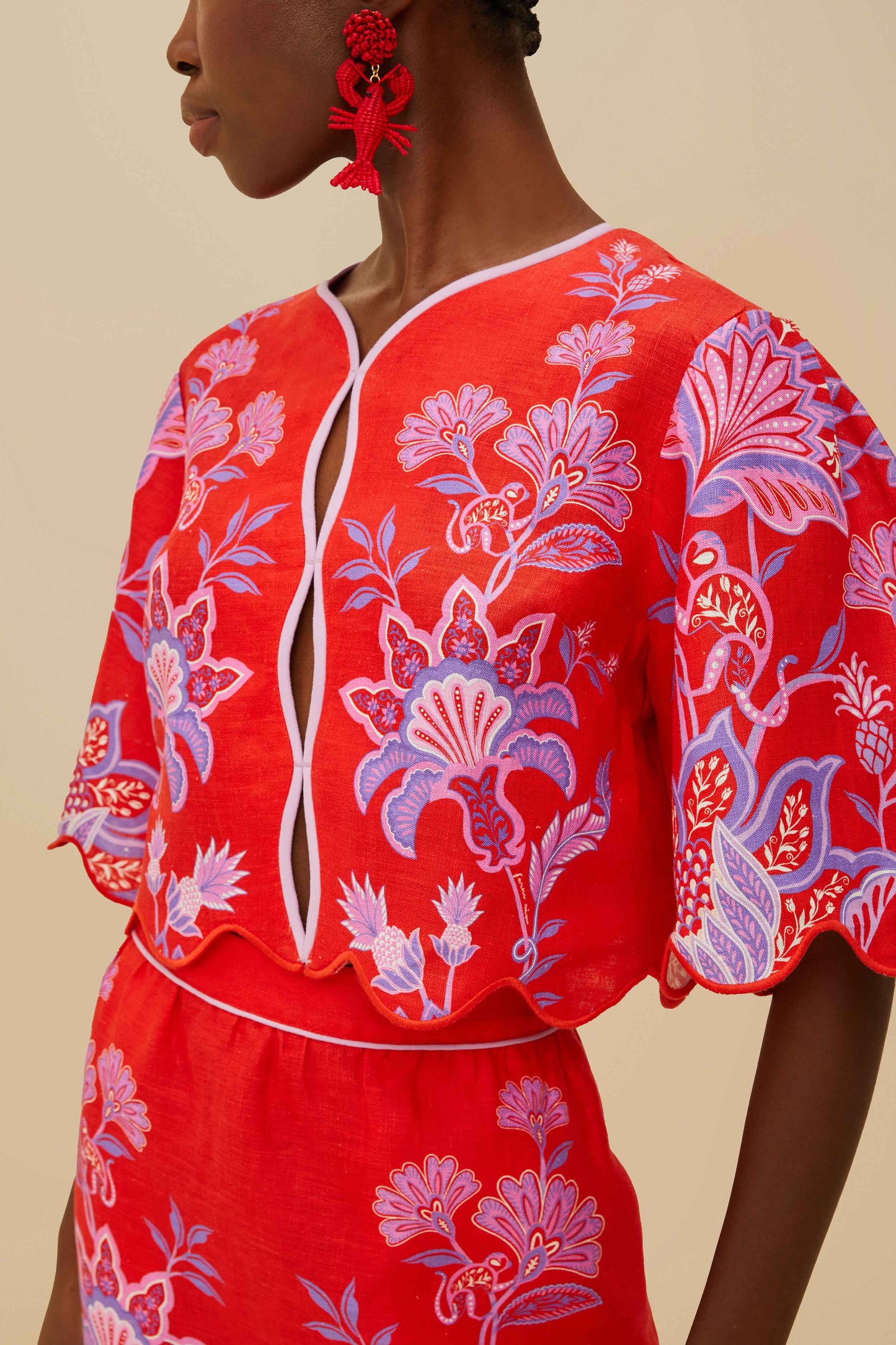 Red Porcelain Garden Euroflax™ Premium Linen Blouse by Farm Rio