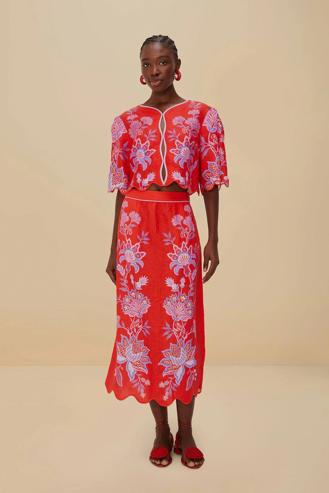 Red Porcelain Garden Euroflax™ Premium Linen Midi Skirt by Farm Rio