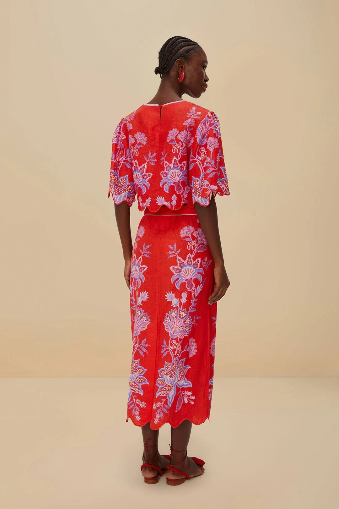 Red Porcelain Garden Euroflax™ Premium Linen Midi Skirt by Farm Rio
