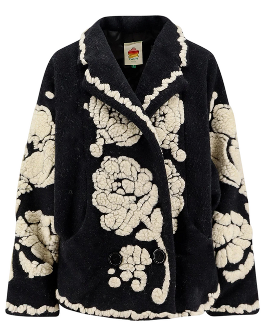 Floral Arabesque Fleece Coat in Black & Cream by FARM Rio