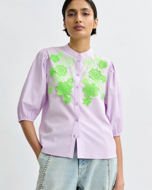 Jorja Appliqué Flower Shirt in Baby Grape by Essentiel Antwerp