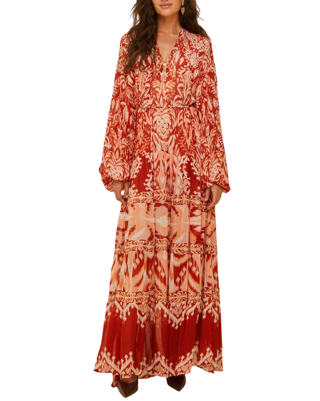 Tropical Tapestry Red Metal Embroidered Tiered Maxi Dress by Farm Rio