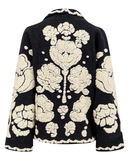 Floral Arabesque Fleece Coat in Black & Cream by FARM Rio