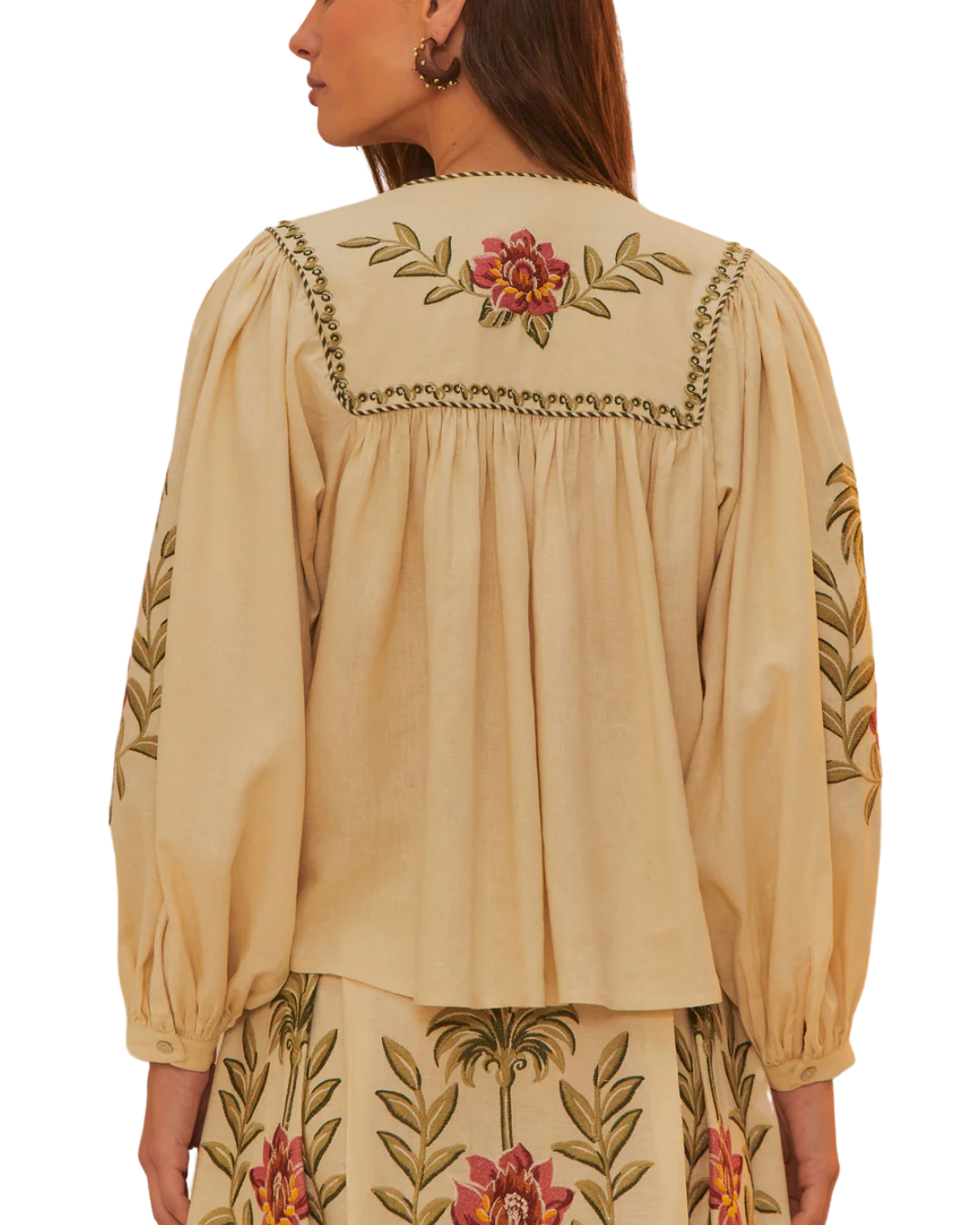 Tropical Flower Embroidered Sand Long Sleeve Blouse by FARM Rio