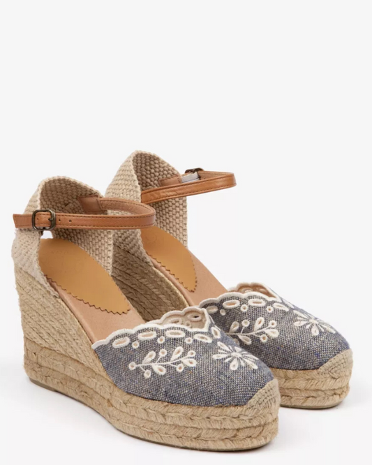 High Mary Jane Broderie Espadrille in Denim by Penelope Chilvers