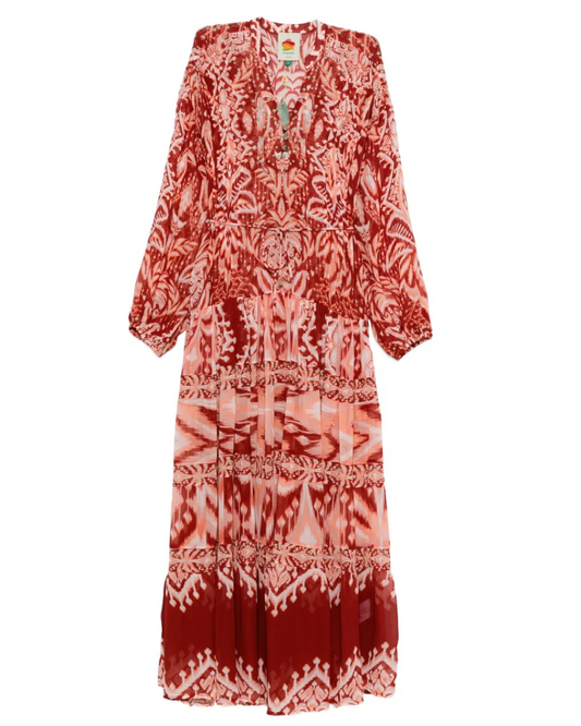 Tropical Tapestry Red Metal Embroidered Tiered Maxi Dress by FARM Rio