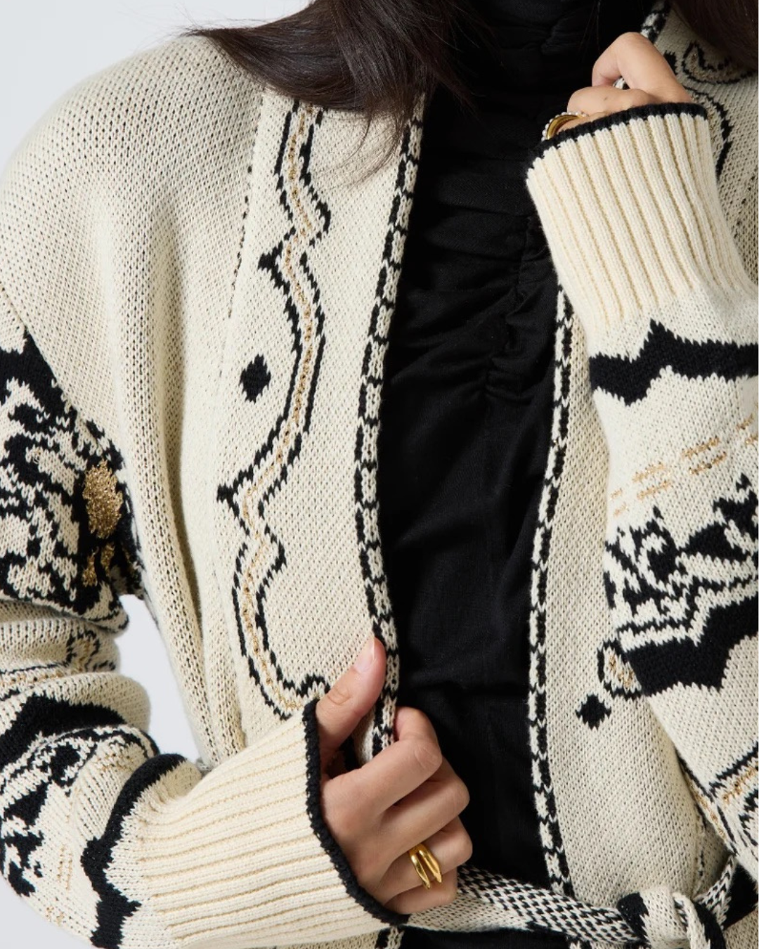 Guri Cardigan in Vanilla with Black Onyx by Scarlett Poppies