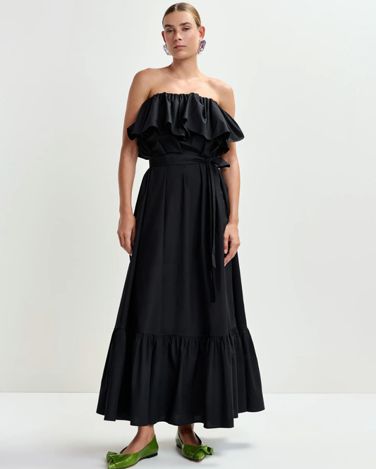 Joyce Belted Ruffle Dress in Black by Essentiel Antwerp