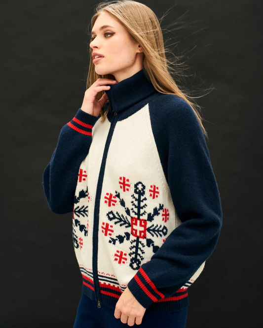Cashmere Wool Snowflake Zip Up in Cream & Navy by Jumper 1234