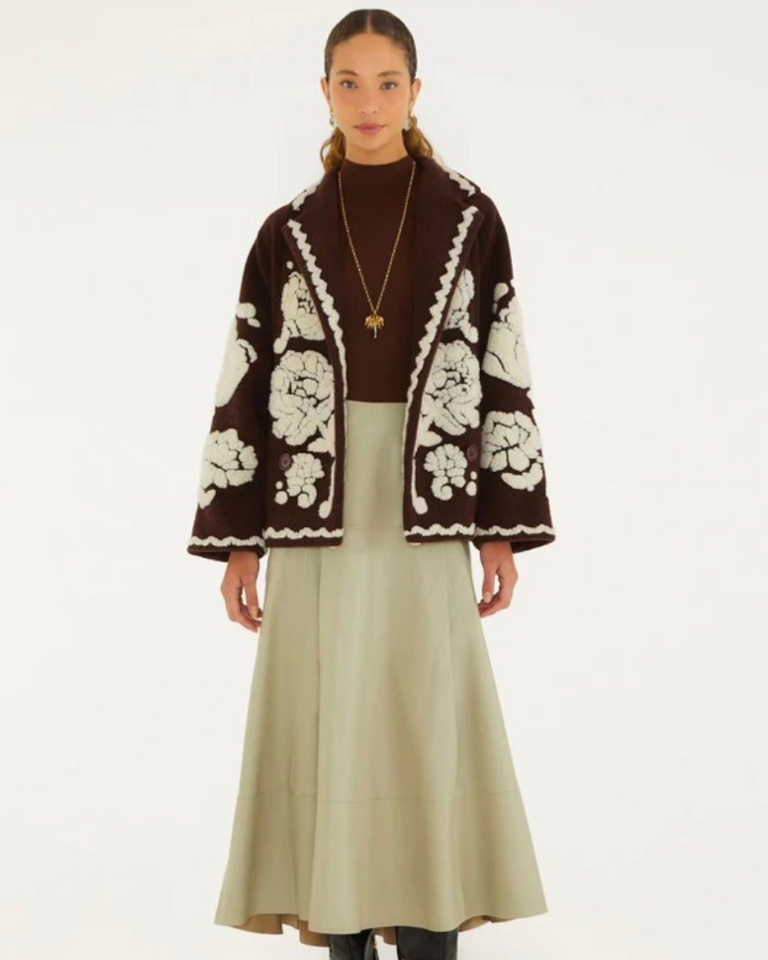 Flowers Coat in Brown by Farm Rio