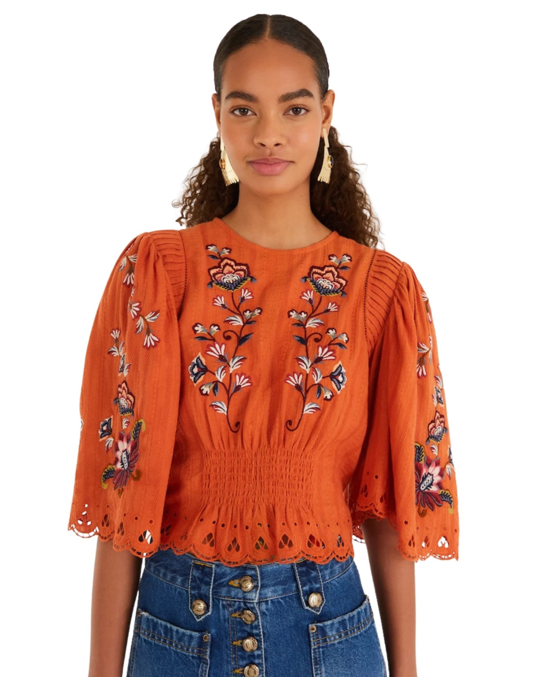 Boho Flowers Embroidered Short Sleeve Blouse in Orange by Farm Rio