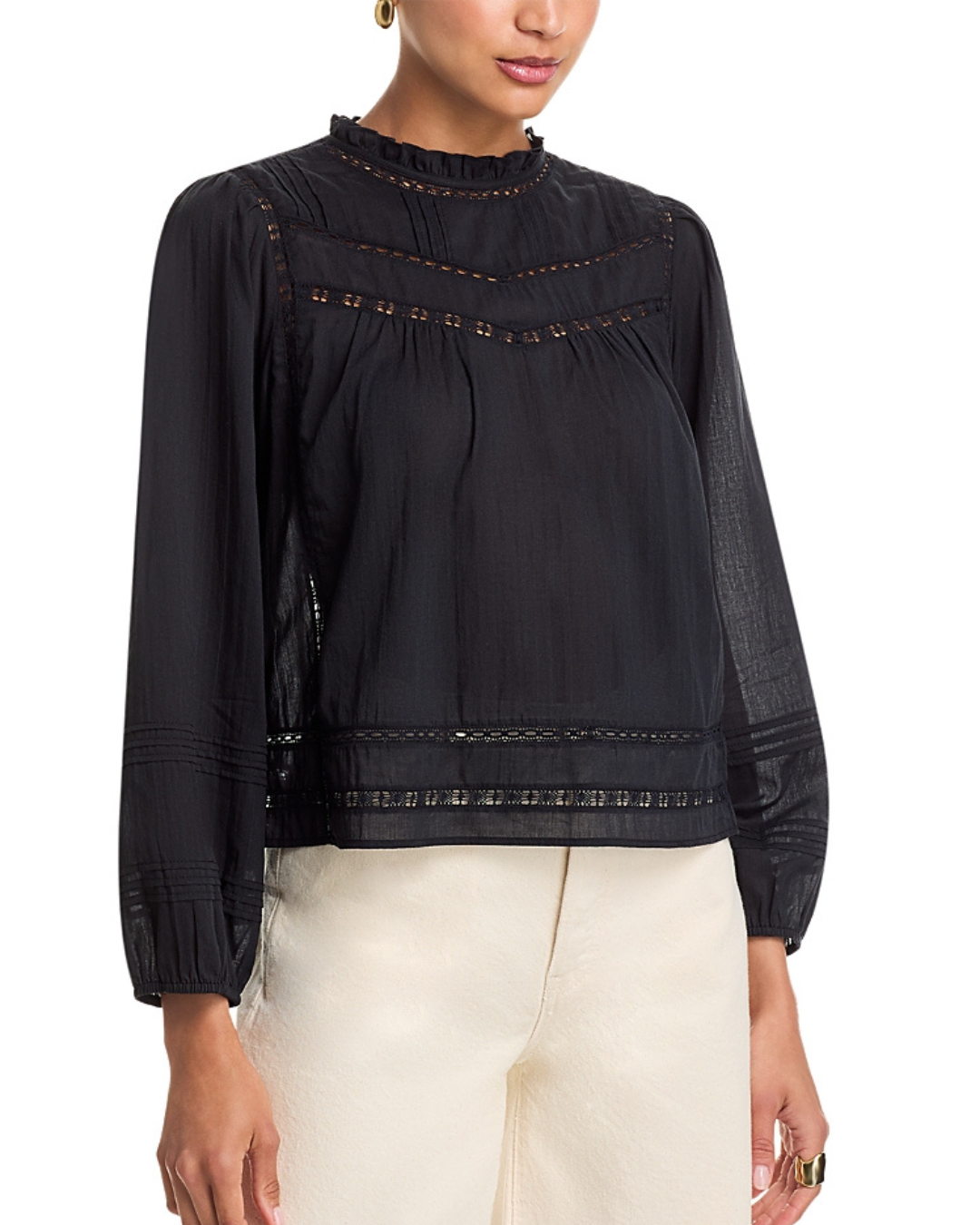 Reyna Lace Inset Cotton Peasant Top in Black by Rails