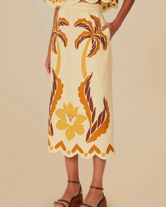 Sand Summer Cutwork Euroflax™ Premium Linen Skirt by FARM Rio