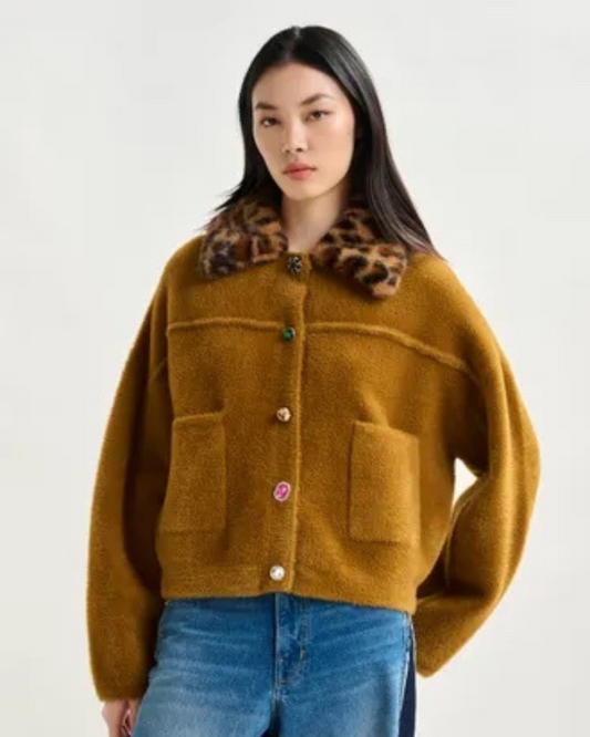Intention Cardigan with Faux Fur Collar in Cinnamon by Essentiel Antwerp
