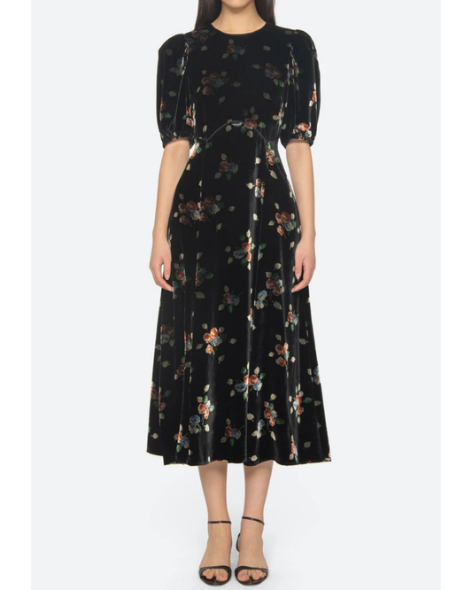Lena Velvet Puff Sleeve Midi Dress in Black by Sea NY