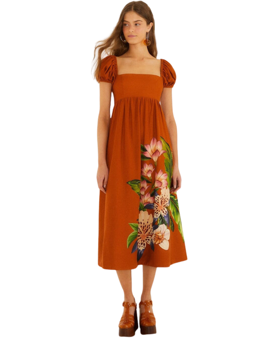 Hilo Arrangment Midi Dress in Brown by FARM Rio