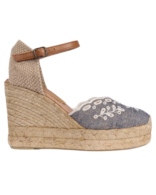 High Mary Jane Broderie Espadrille in Denim by Penelope Chilvers