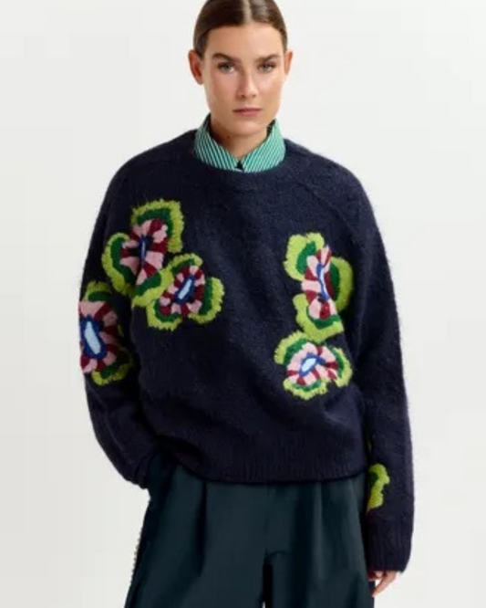 Impossible Embroidered Flowers Knit Sweater in Navy by Essentiel Antwerp