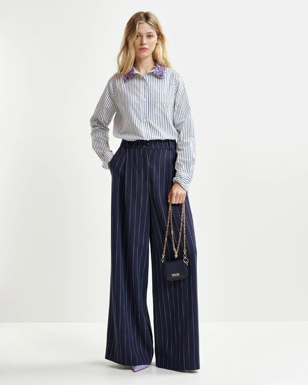 Dark Blue & White Striped Wide Leg Pant by Essentiel Antwerp