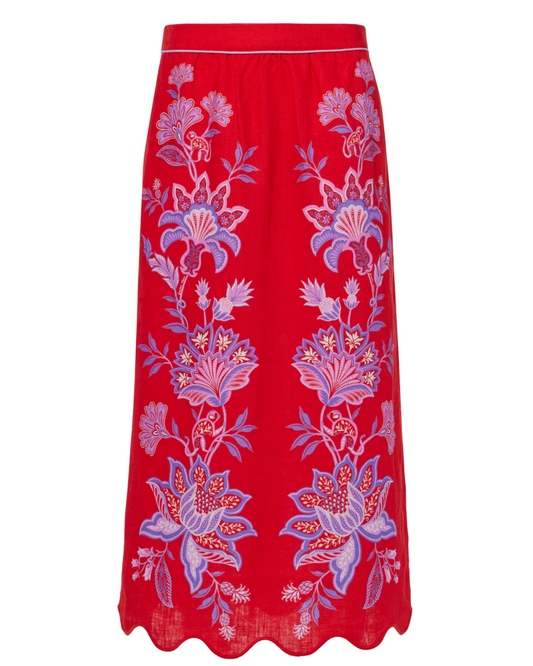 Red Porcelain Garden Euroflax™ Premium Linen Midi Skirt by Farm Rio