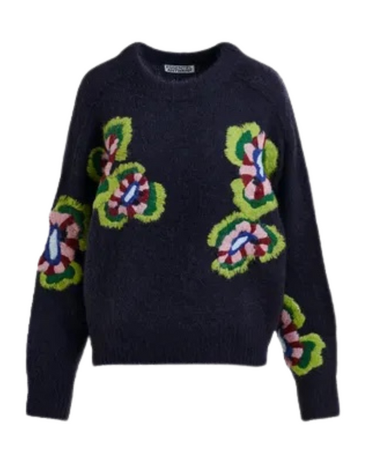 Impossible Embroidered Flowers Knit Sweater in Navy by Essentiel Antwerp