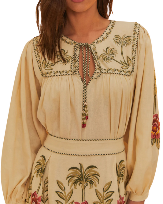 Tropical Flower Embroidered Sand Long Sleeve Blouse by FARM Rio