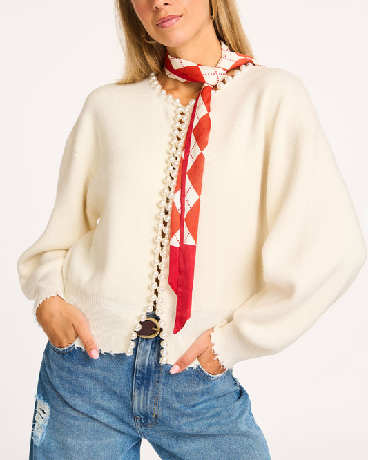 Ideas Cream Pearl Embellished Knit Cardigan by Essentiel Antwerp