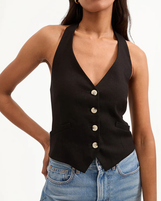 Arabella Stretch-Linen Vest in Black by Veronica Beard