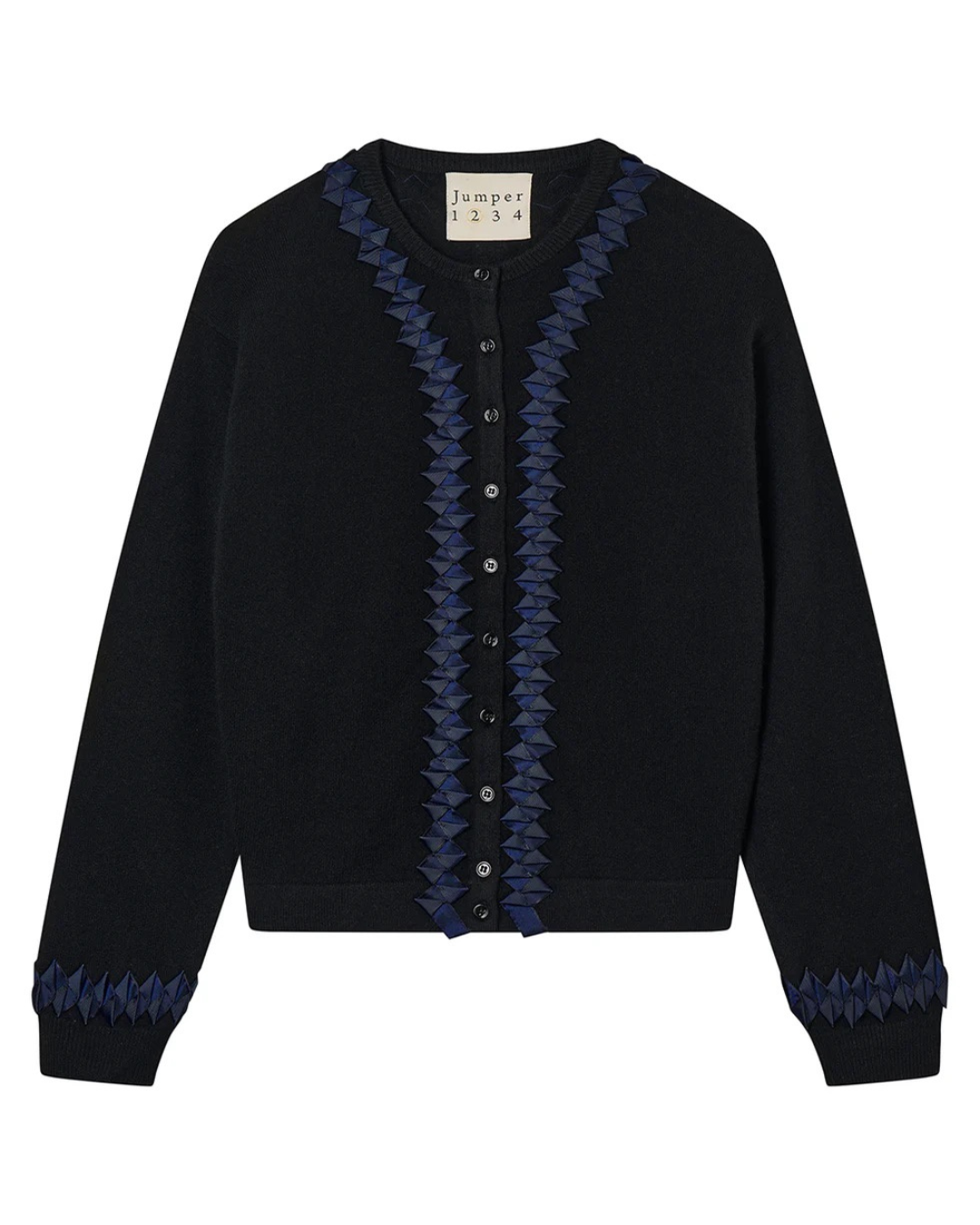Cashmere Wool Twisted Ribbon Cardigan in Black & Navy by Jumper 1234
