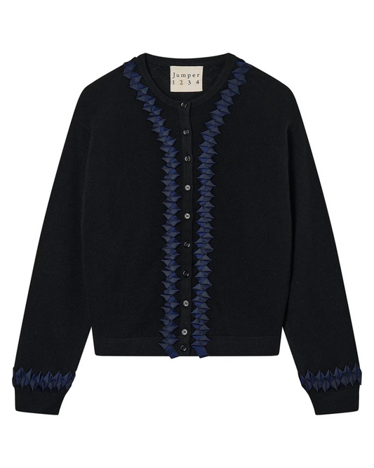Cashmere Wool Twisted Ribbon Cardigan in Black & Navy by Jumper 1234