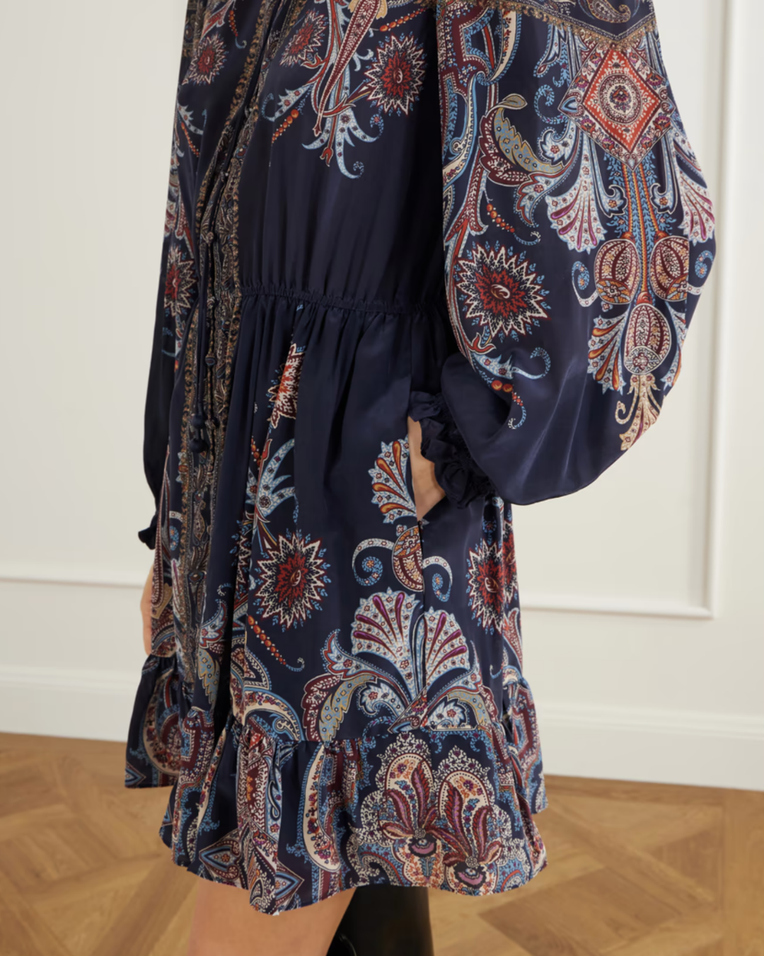 Hyacinth Print Long Sleeve Mini Dress in Navy by Sea NY