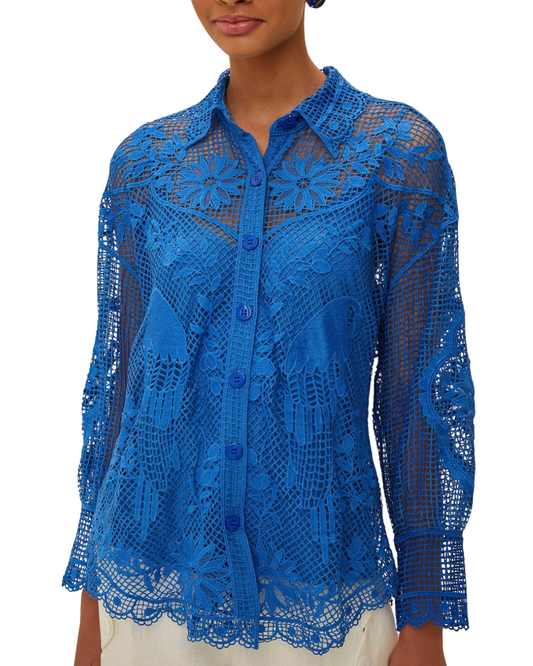 Blue Landscape Guipure Collared Shirt by FARM Rio