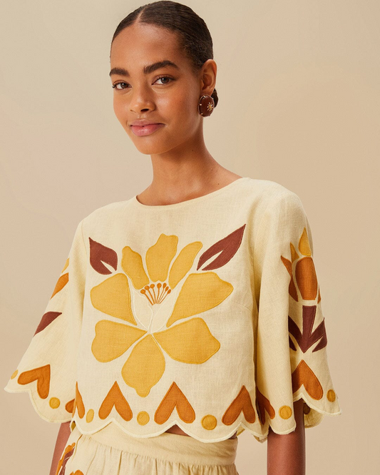 Sand Summer Cutwork Euroflax™ Premium Linen Blouse by FARM Rio