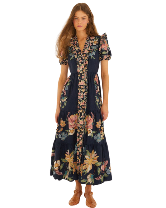 Maira Floral Short Sleeve Maxi Dress in Dark Blue by FARM Rio