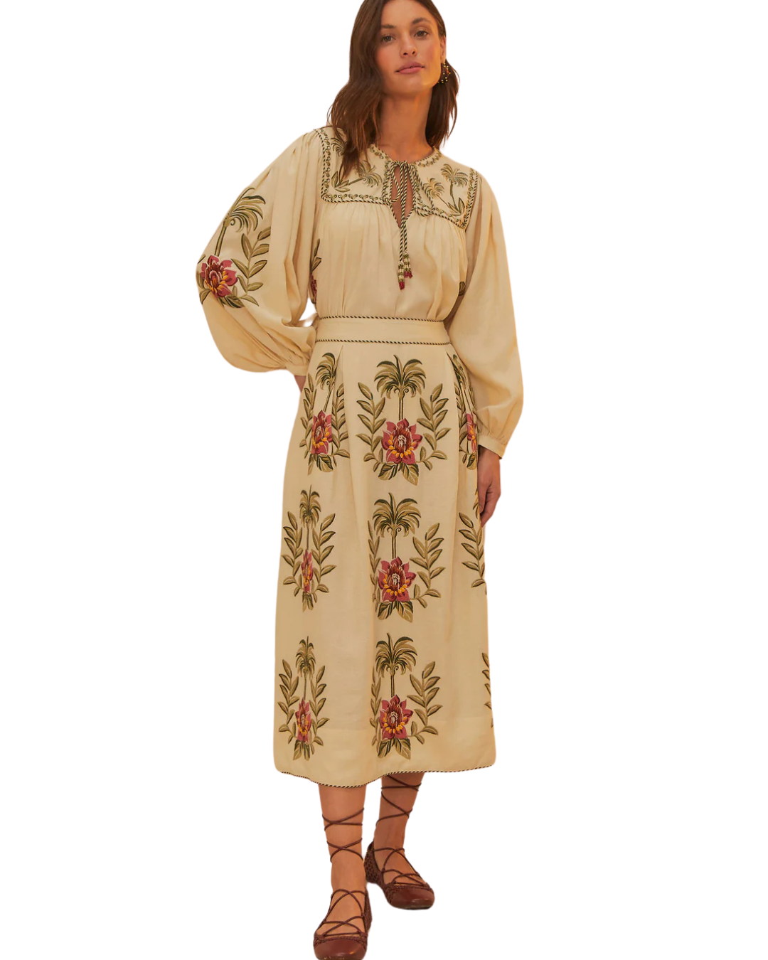 Tropical Flower Embroidered Sand Maxi Skirt by FARM Rio