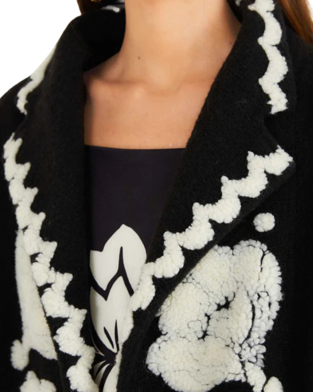 Floral Arabesque Fleece Coat in Black & Cream by Farm Rio