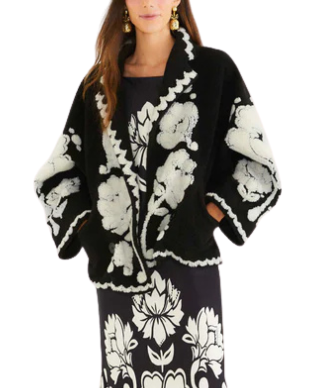 Floral Arabesque Fleece Coat in Black & Cream by Farm Rio