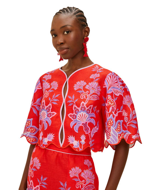 Red Porcelain Garden Euroflax™ Premium Linen Blouse by Farm Rio