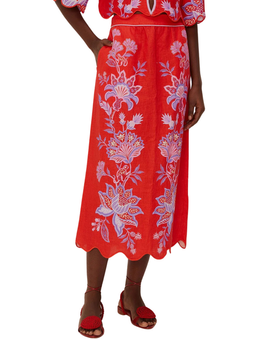 Red Porcelain Garden Euroflax™ Premium Linen Midi Skirt by Farm Rio